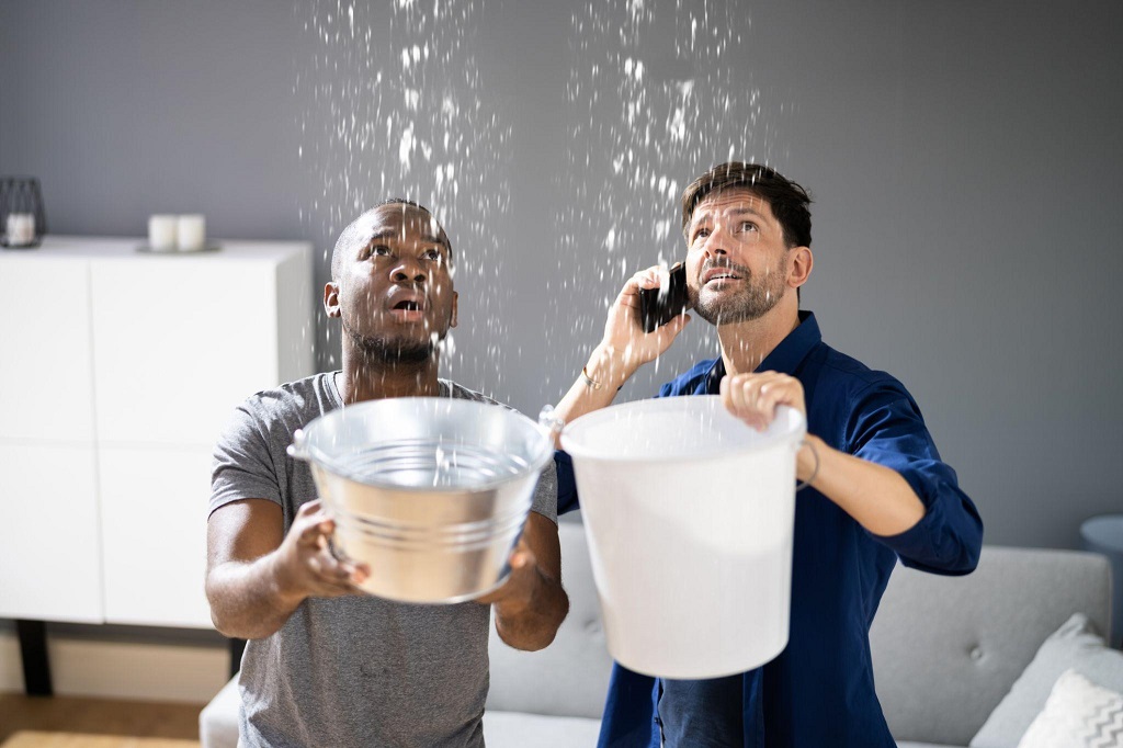 African American man and caucasian man standing in living room holding buckets to catch water dripping from ceiling. Gray shirt. Blue shirt.